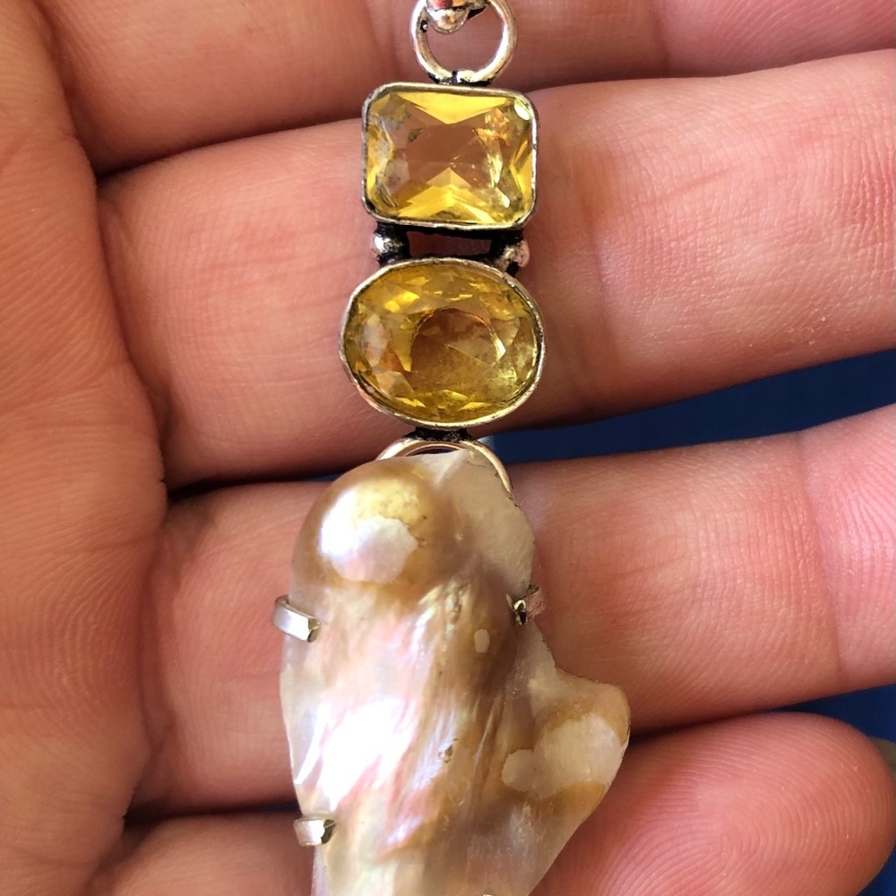 Natural Biwa Pearl Real Citrine Gemstone  925 Stamped Sterling Silver Necklace. - Picture 3 of 5